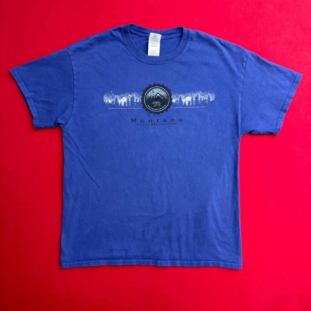 VTG Y2K Montana Glacier National Park T Shirt Men Large Blue Grizzly Bear Travel